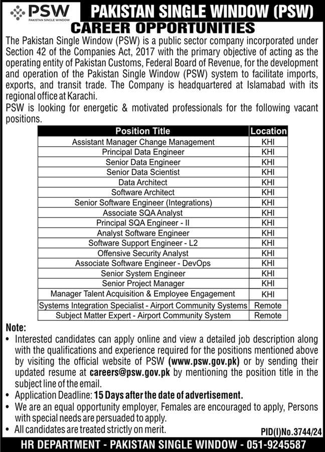 Pakistan Single Window PSW Islamabad Jobs Apply 2024
