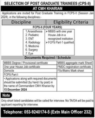 Combined Military Hospital CMH Kharian Jobs 2024