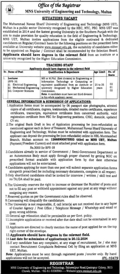 MNS University of Engineering and Technology UET Multan Jobs 2024
