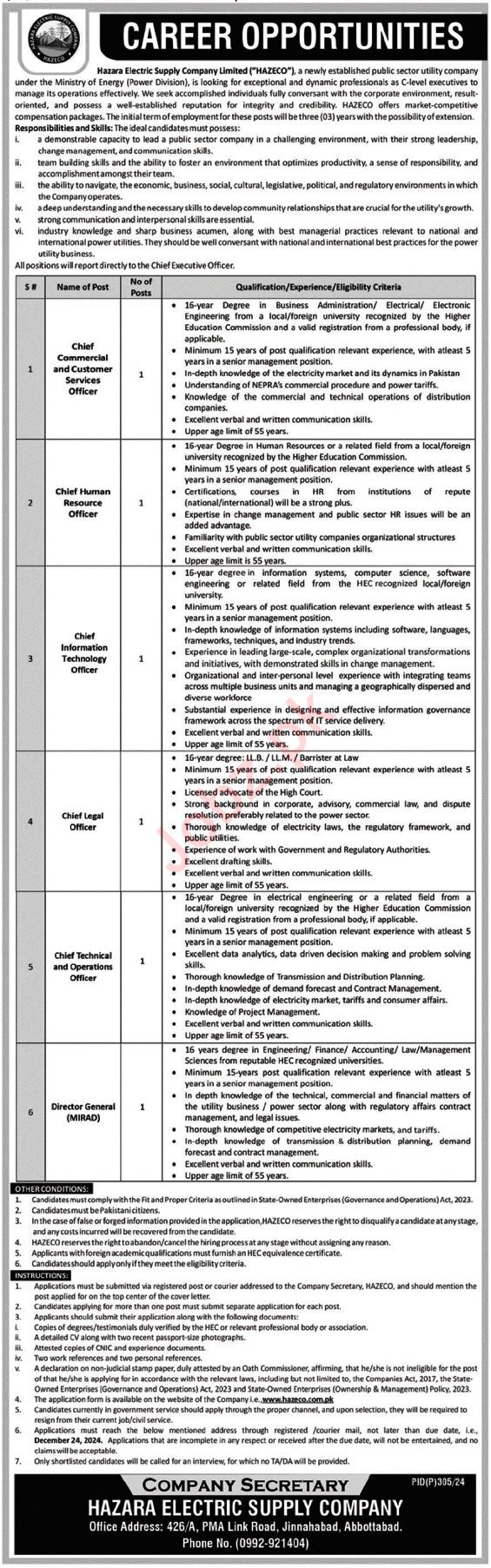 Hazara Electric Supply Company HAZECO Abbottabad Jobs 2024
