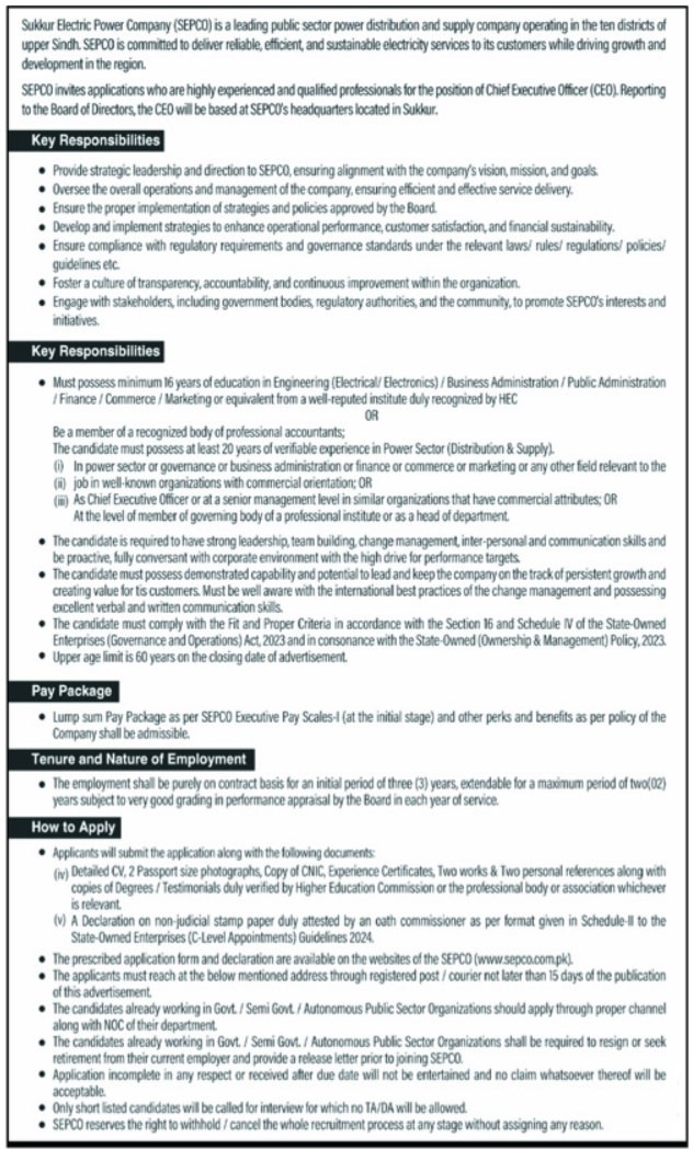 Sukkur Electrical Power Company SEPCO Sukkur Jobs 2024