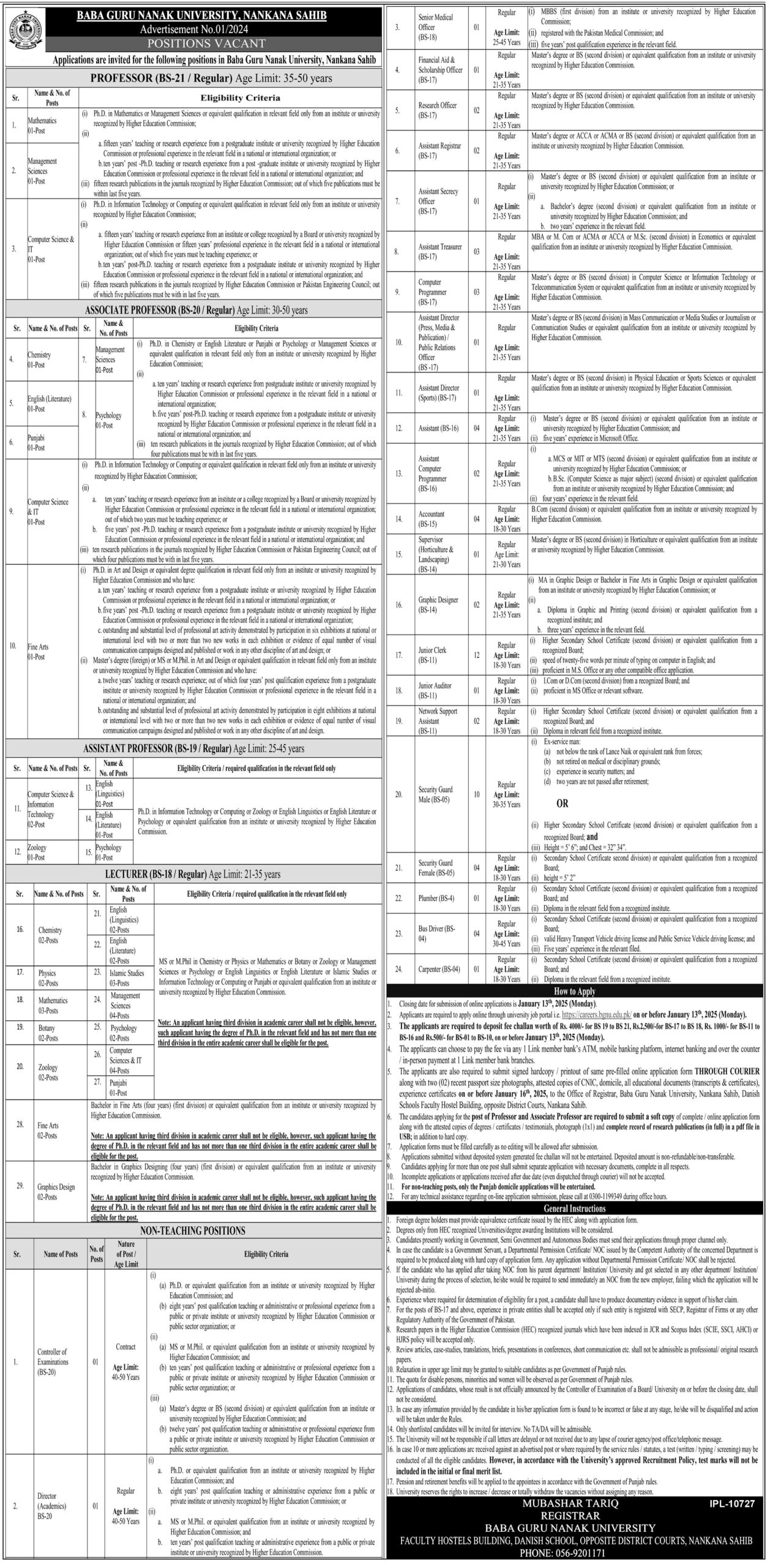 Baba Guru Nanak University BGNU Nankana Sahib Jobs 2025