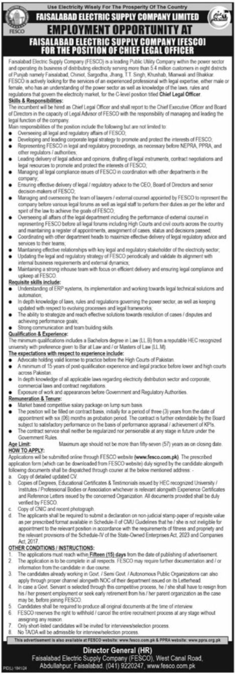 Faisalabad Electric Supply Company Limited FESCO Faisalabad Jobs 2025