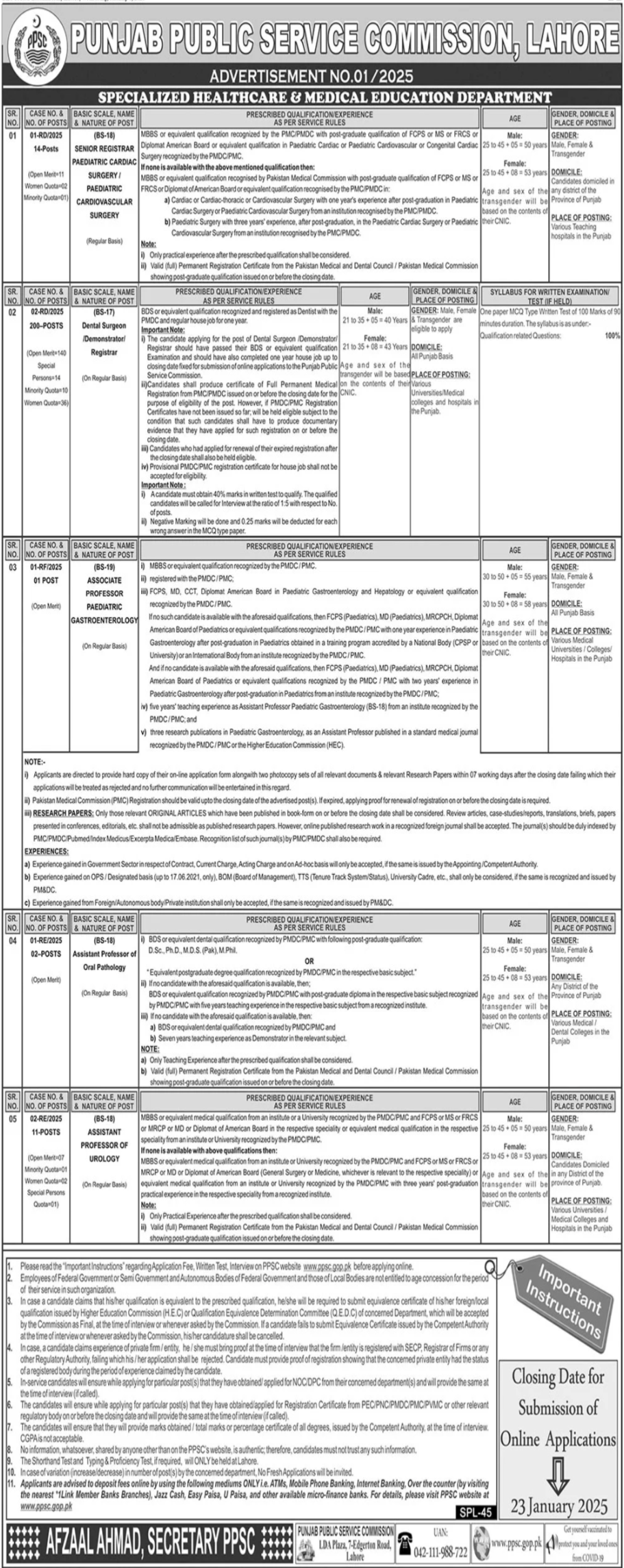 Punjab Public Service Commission PPSC Lahore Jobs 2025