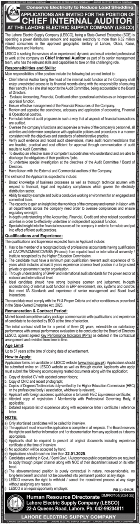 Lahore Electric Supply Company LESCO Lahore Jobs 2025