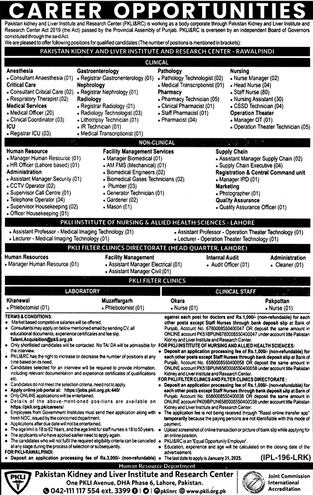 Pakistan Kidney And Liver Institute And Research Centre PKLI Lahore Jobs 2025