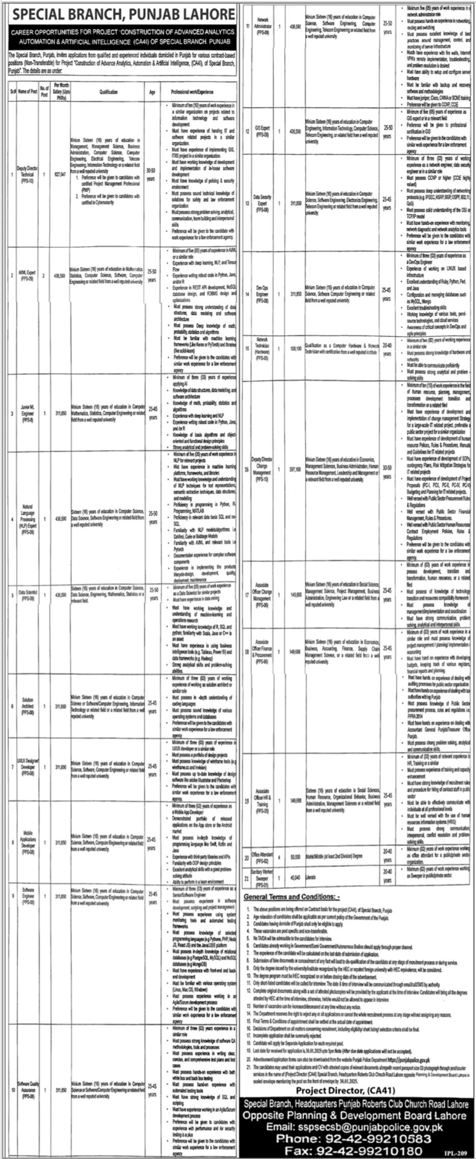 Special Branch Punjab Police Lahore Jobs 2025